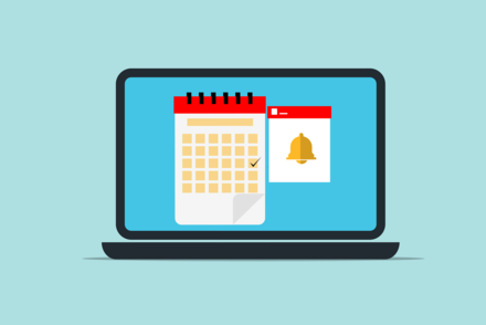 Die Zeichnung zeigt ein Laptop, auf dem Bildschirm ist ein Kalender und eine Alarmglocke zu sehen. Grafik: Mohamed Hassan auf Pixabay