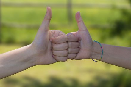 Die Hand eines Mädchens mit buntem Armband und die Hand einer Frau berühren sich im Faustgruß mit Daumen nach oben, vor grünem Hintergrund. Foto: Roy auf Pixabay